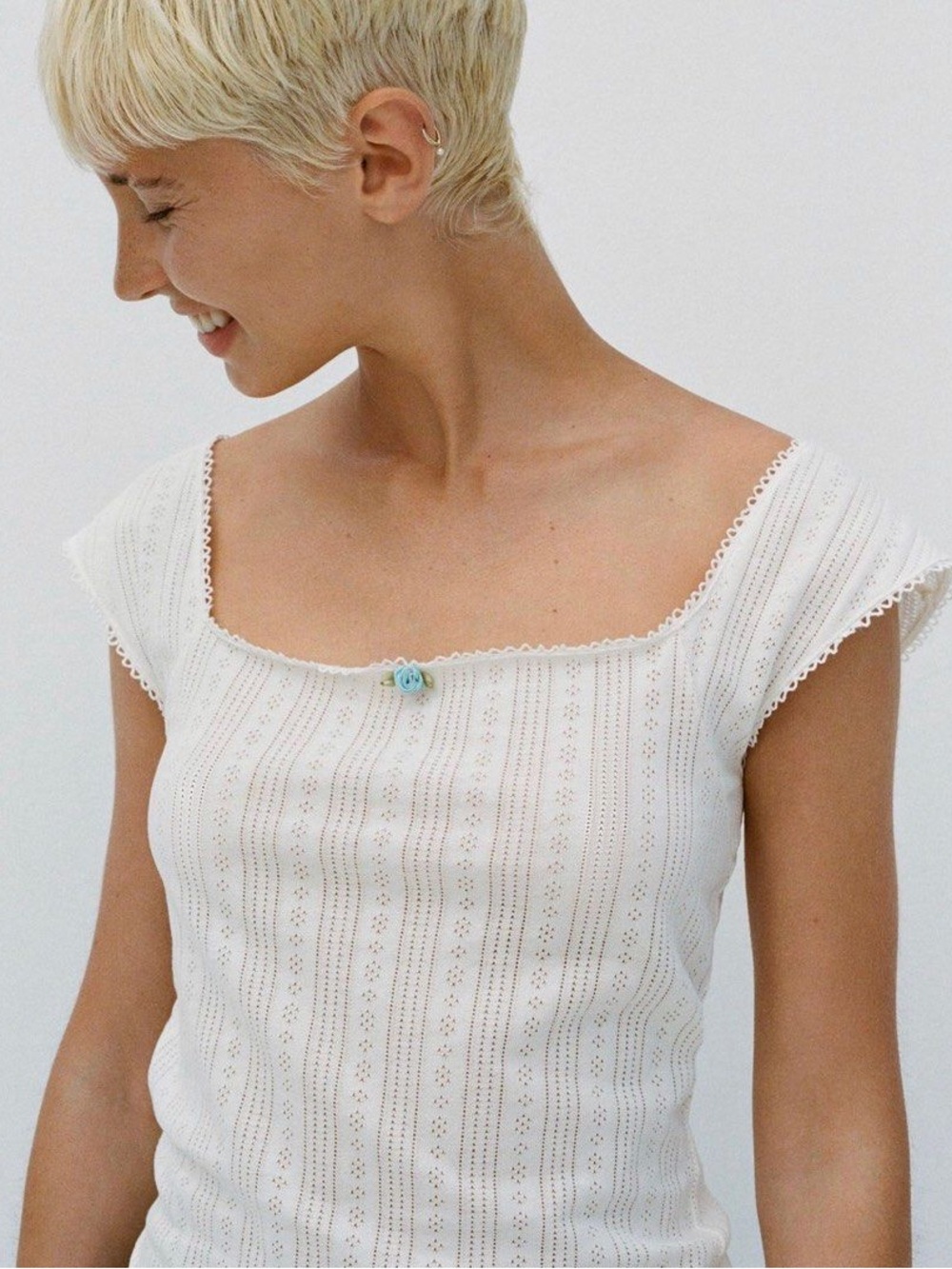 Zara Pointelle Top with Floral Detailing